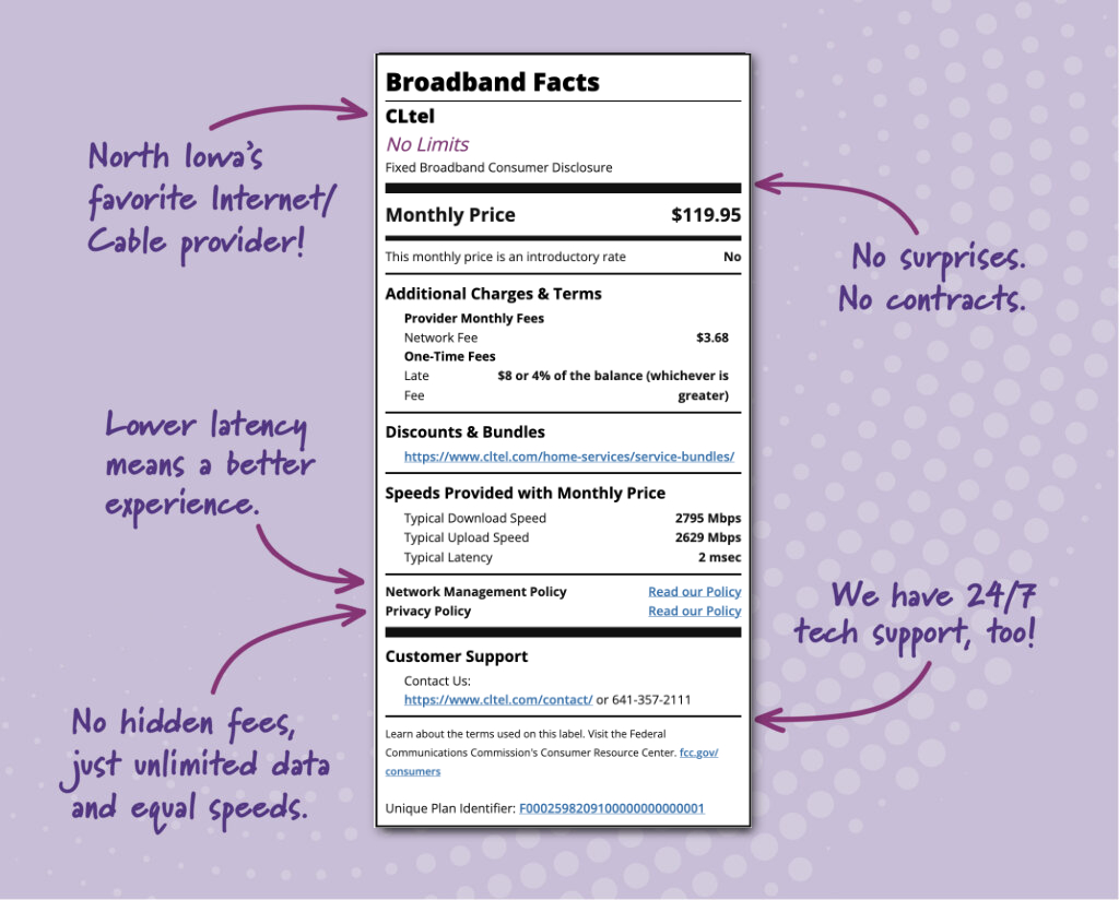Infographic-style broadband facts sheet showing monthly price, no contracts, and service features for a provider (CN: 'Broadband Facts').